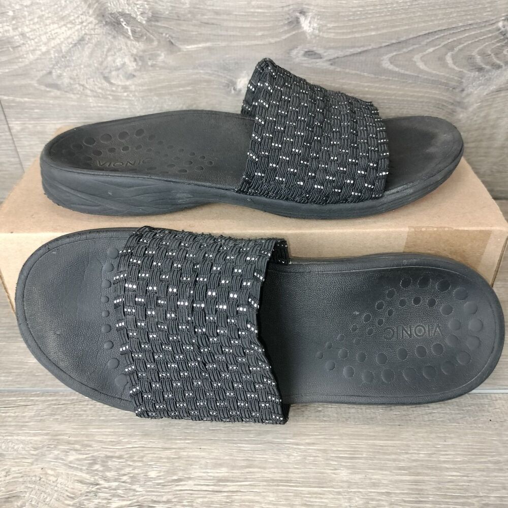 Vionic Sandals Womens 8 Black Serene Kitts Woven Comfort Vacation Beach Slides